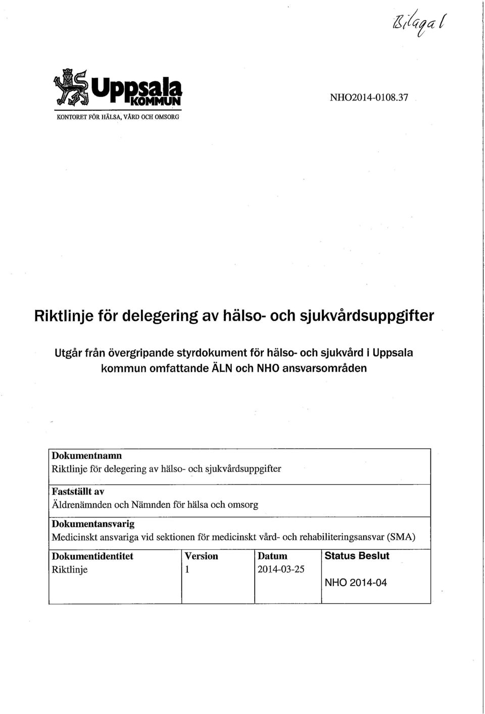 för hälso- och sjukvård i Uppsala kommun omfattande ÄLN och NHO ansvarsområden Dokumentnamn Riktlinje för delegering av hälso- och