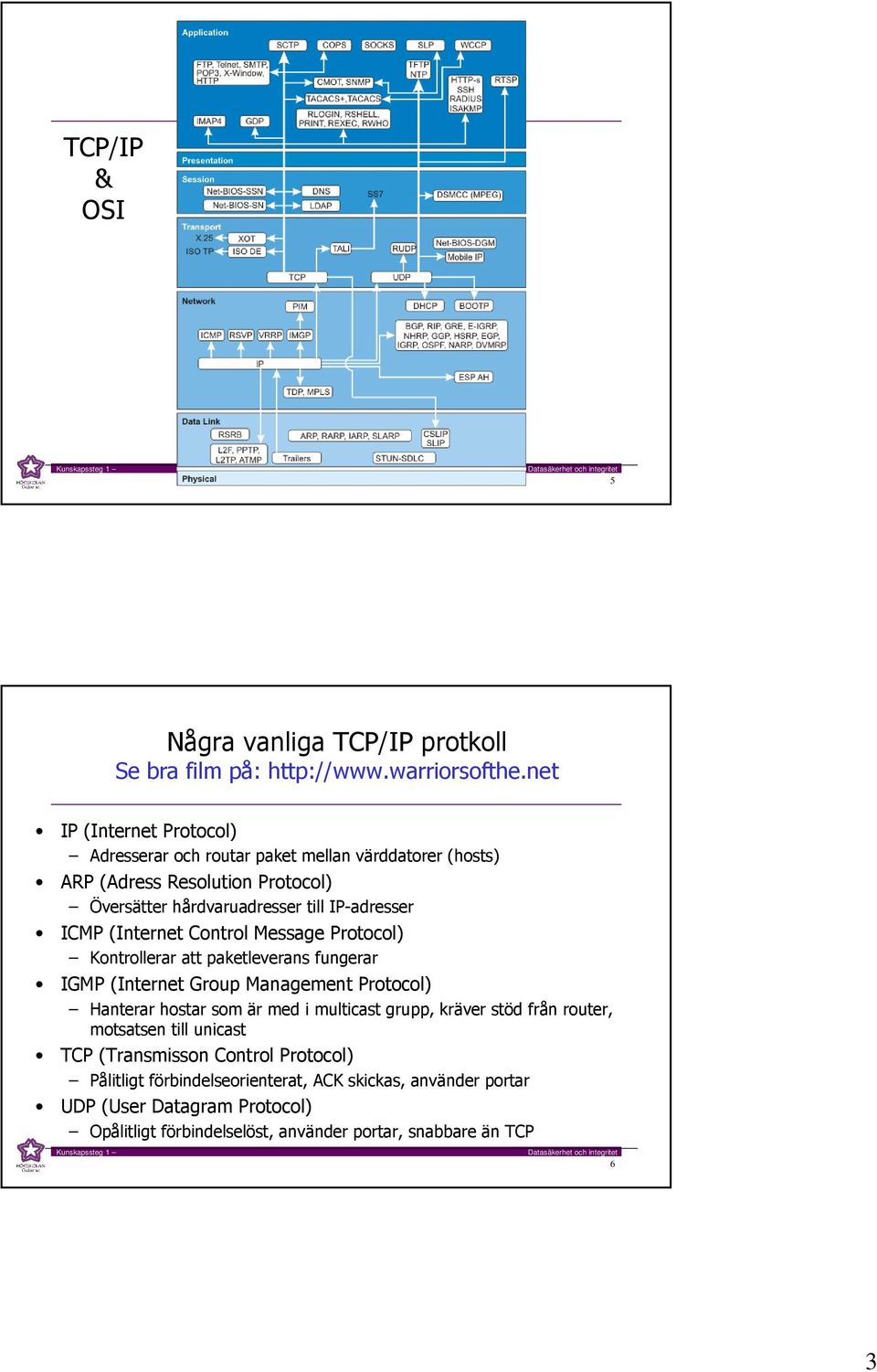 ICMP (Internet Control Message Protocol) Kontrollerar att paketleverans fungerar IGMP (Internet Group Management Protocol) Hanterar hostar som är med i multicast