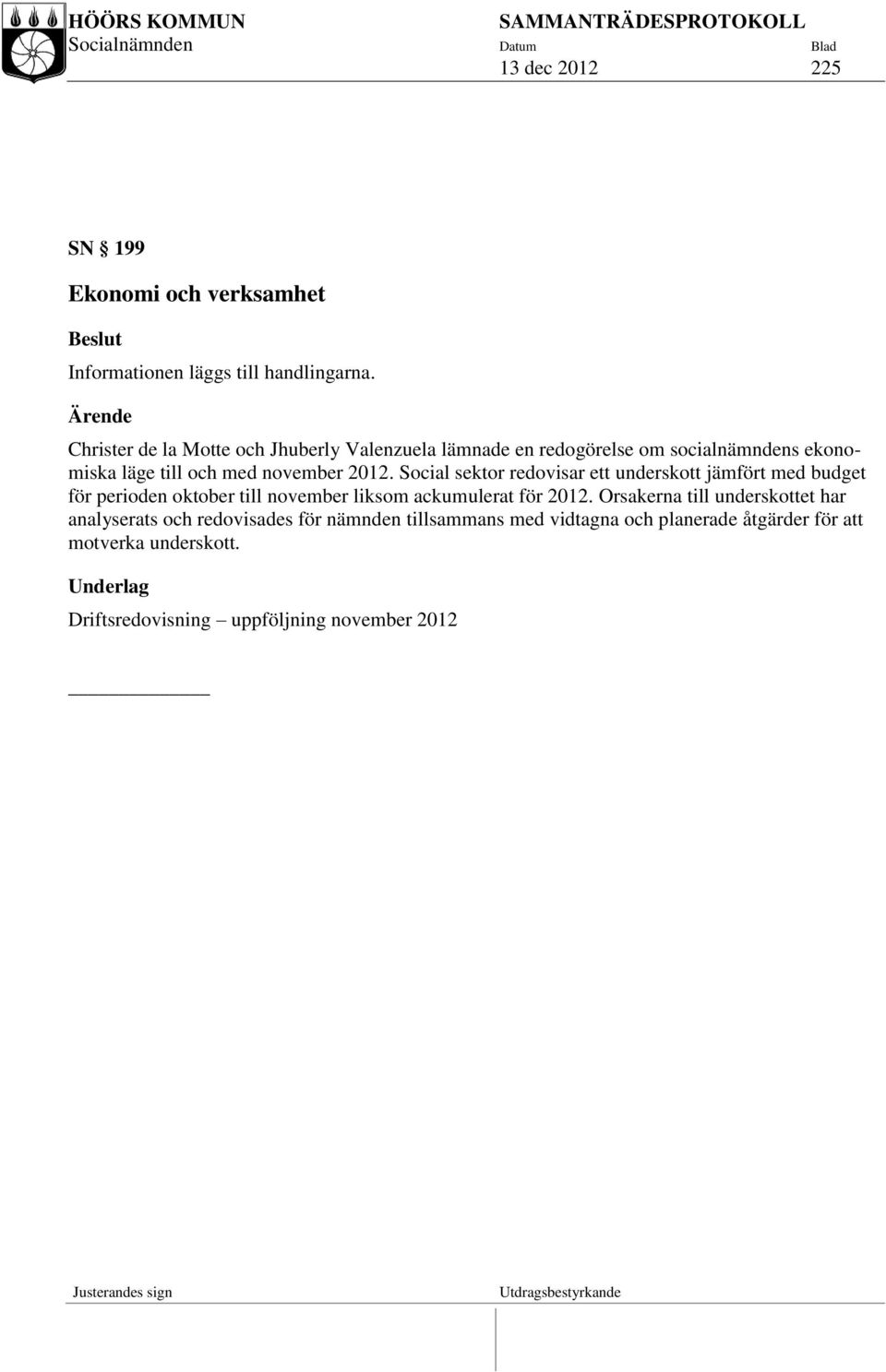 Social sektor redovisar ett underskott jämfört med budget för perioden oktober till november liksom ackumulerat för 2012.