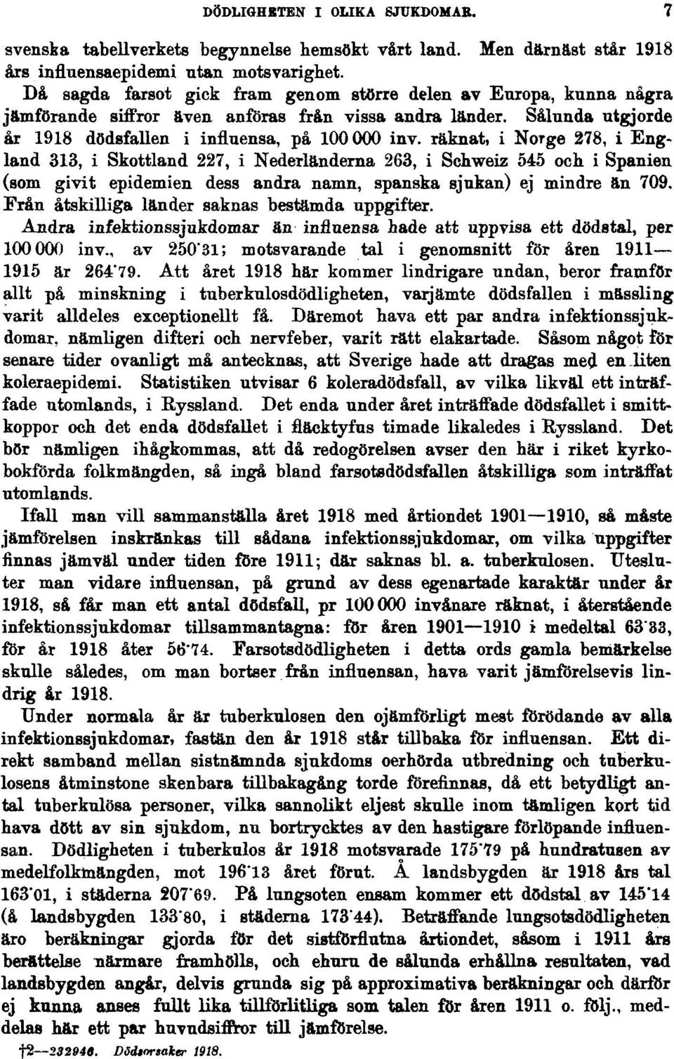 räknat, i Norge 278, i England 313, i Skottland 227, i Nederländerna 263, i Schweiz 545 och i Spanien (som givit epidemien dess andra namn, spanska sjukan) ej mindre än 709.