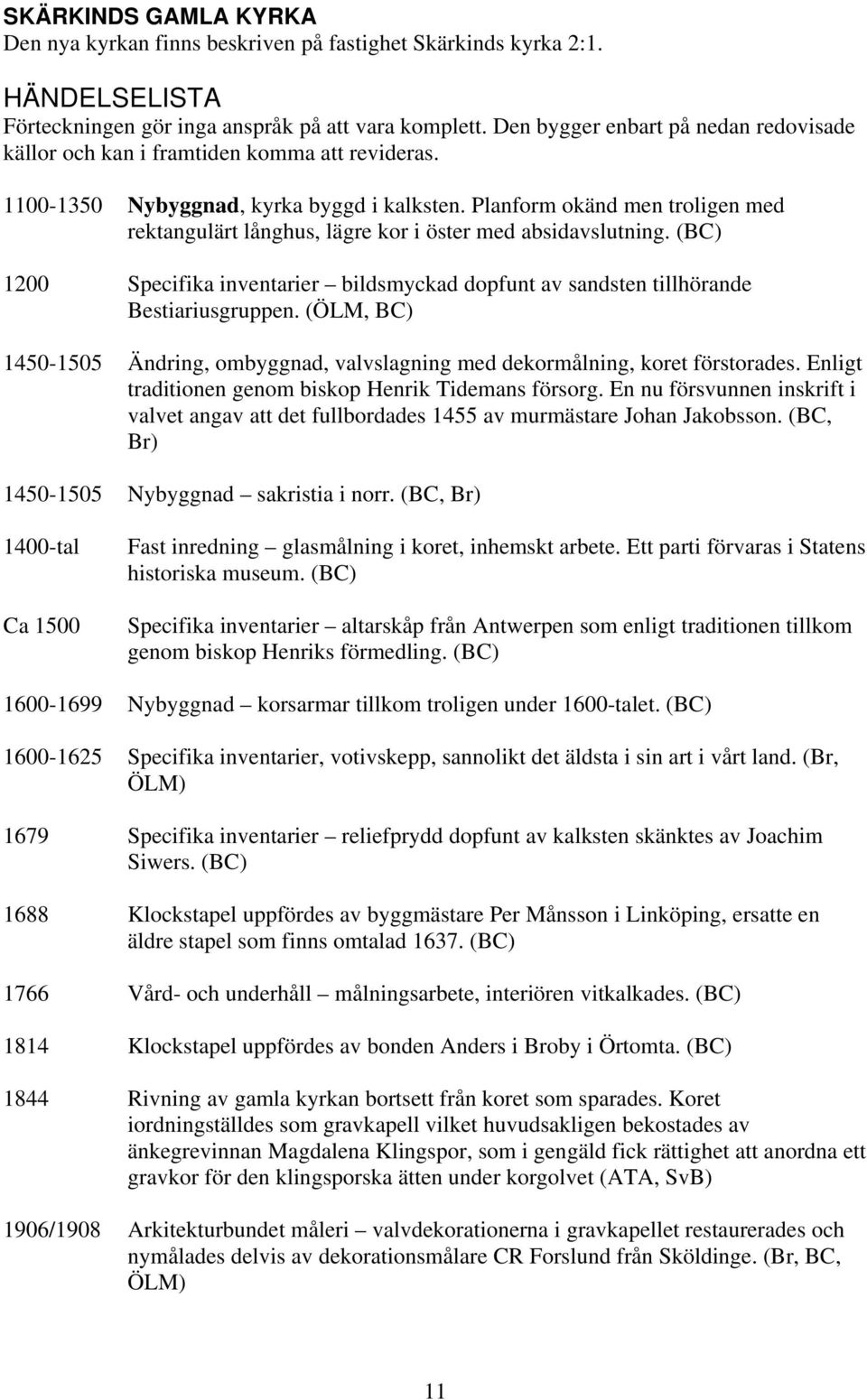 Planform okänd men troligen med rektangulärt långhus, lägre kor i öster med absidavslutning. (BC) 1200 Specifika inventarier bildsmyckad dopfunt av sandsten tillhörande Bestiariusgruppen.