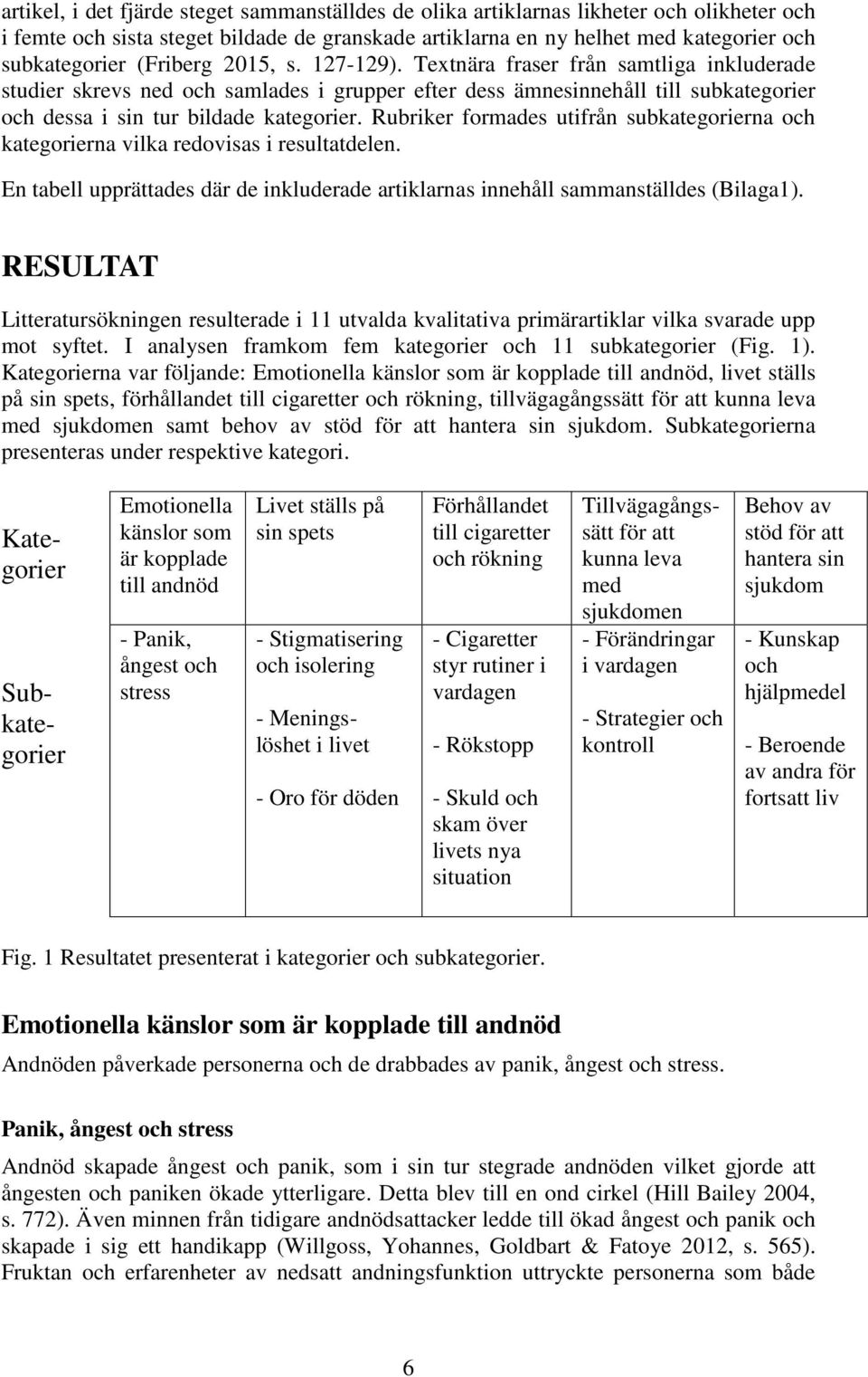 Rubriker formades utifrån subkategorierna och kategorierna vilka redovisas i resultatdelen. En tabell upprättades där de inkluderade artiklarnas innehåll sammanställdes (Bilaga1).