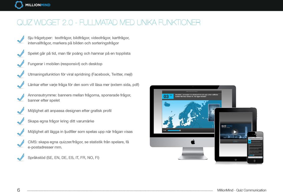 och hamnar på en topplista Fungerar i mobilen (responsivt) och desktop Utmaningsfunktion för viral spridning (Facebook, Twitter, mejl) Länkar efter varje fråga för den som vill läsa mer