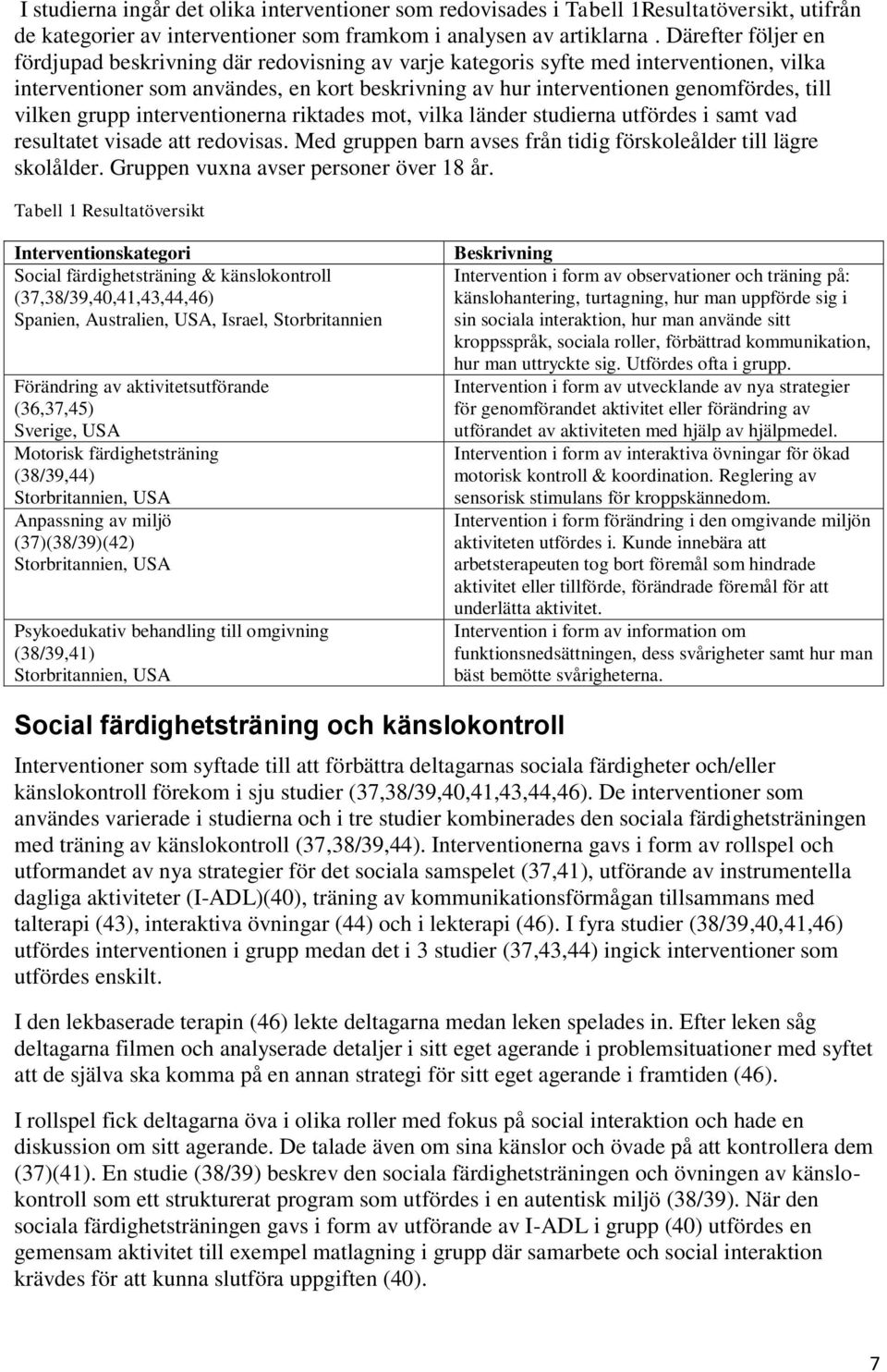 vilken grupp interventionerna riktades mot, vilka länder studierna utfördes i samt vad resultatet visade att redovisas. Med gruppen barn avses från tidig förskoleålder till lägre skolålder.