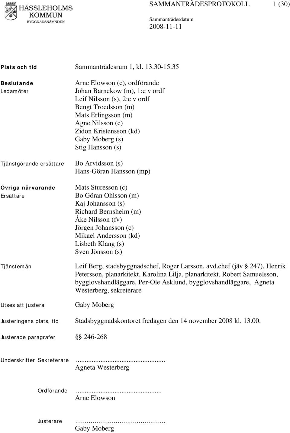 Troedsson (m) Mats Erlingsson (m) Agne Nilsson (c) Zidon Kristensson (kd) Gaby Moberg (s) Stig Hansson (s) Bo Arvidsson (s) Hans-Göran Hansson (mp) Mats Sturesson (c) Bo Göran Ohlsson (m) Kaj