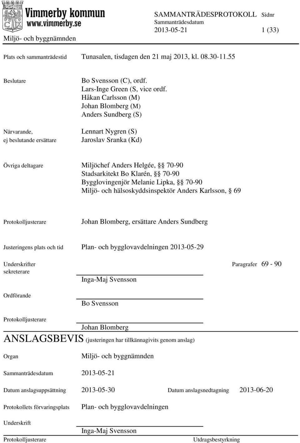 Melanie Lipka, 70-90 Miljö- och hälsoskyddsinspektör Anders Karlsson, 69 Johan Blomberg, ersättare Anders Sundberg Justeringens plats och tid Plan- och bygglovavdelningen 2013-05-29 Underskrifter