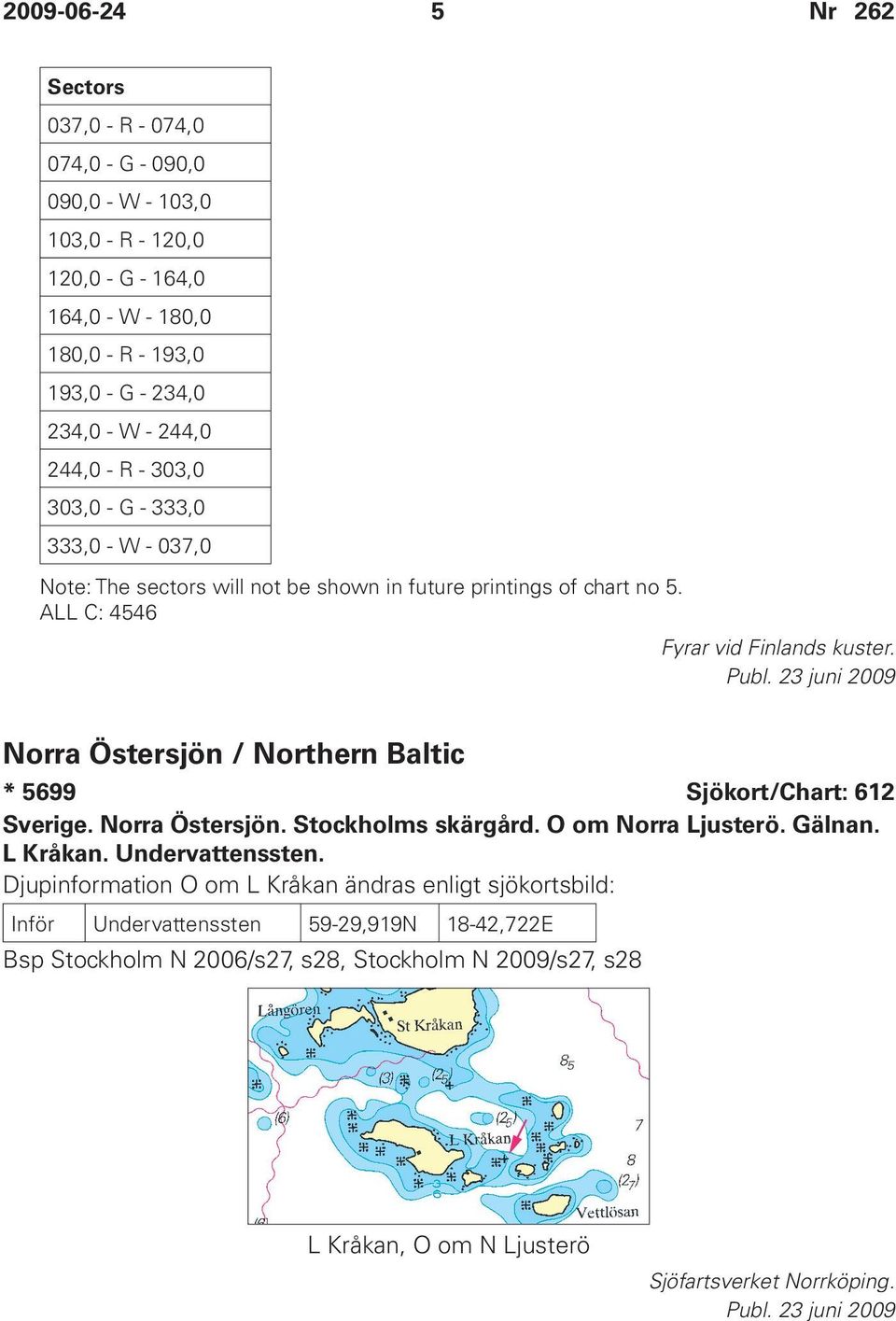 23 juni 2009 Norra Östersjön / Northern Baltic * 5699 Sjökort/Chart: 612 Sverige. Norra Östersjön. Stockholms skärgård. O om Norra Ljusterö. Gälnan. L Kråkan. Undervattenssten.