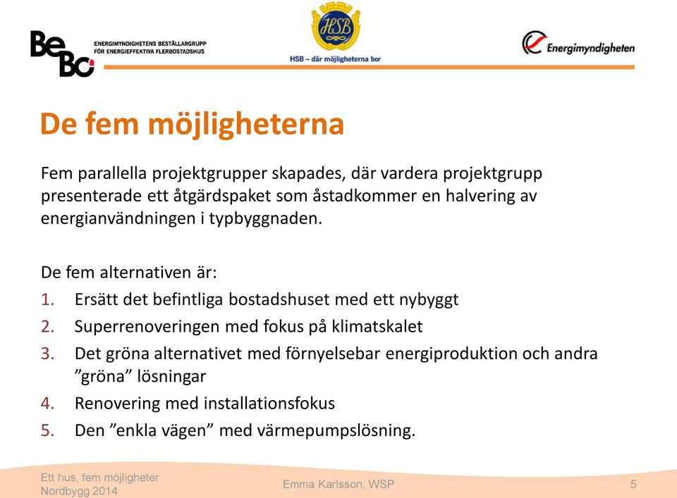 Ersätt det befintliga bostadshuset med ett nybyggt 2. Superrenoveringen med fokus på klimatskalet 3.