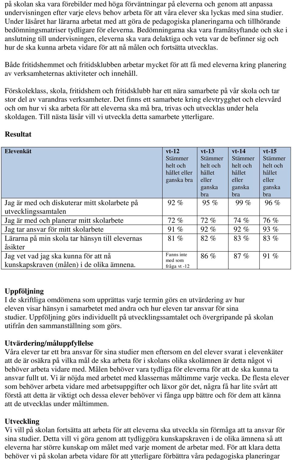 Bedömningarna ska vara framåtsyftande och ske i anslutning till undervisningen, eleverna ska vara delaktiga och veta var de befinner sig och hur de ska kunna arbeta vidare för att nå målen och