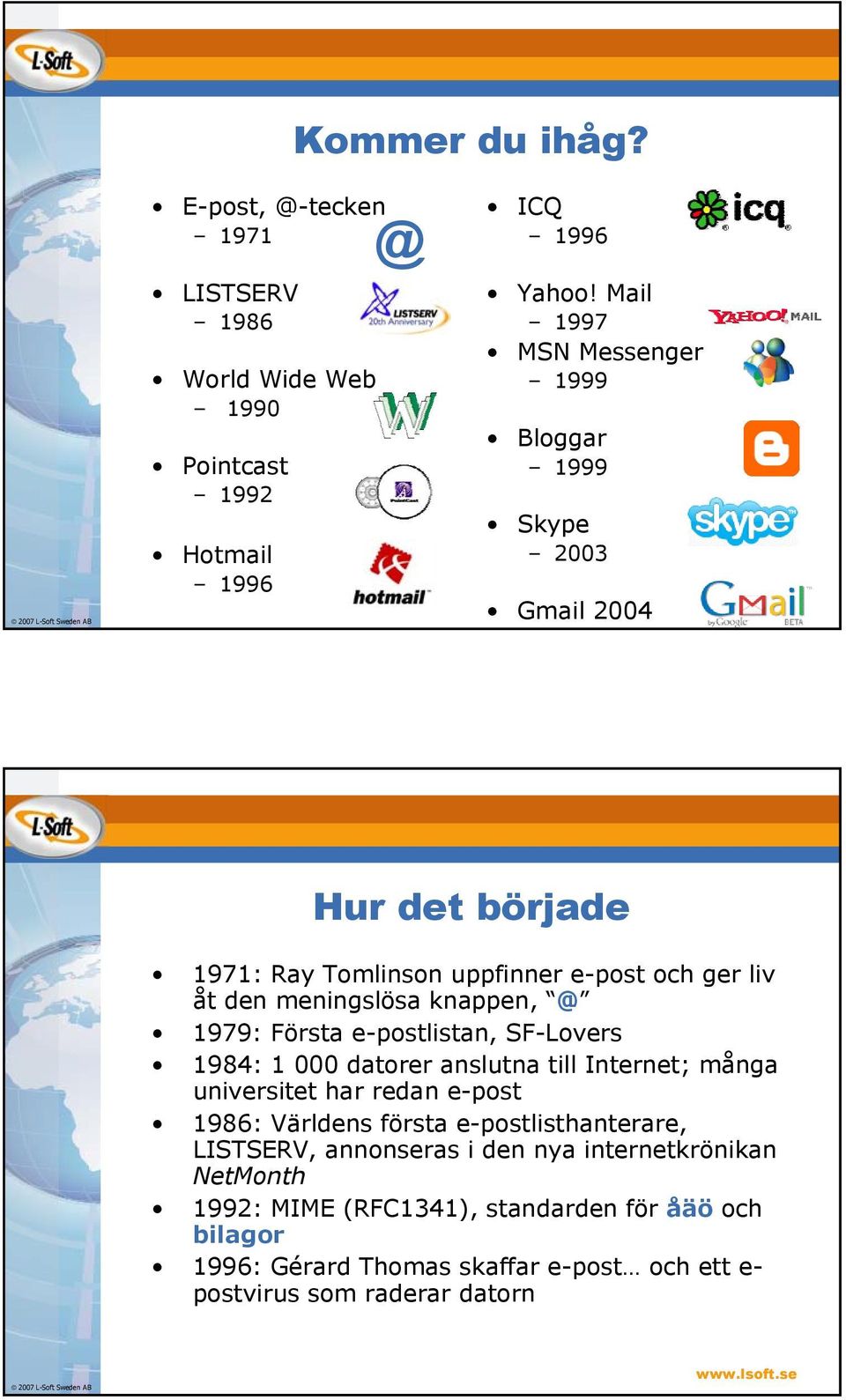 knappen, @ 1979: Första e-postlistan, SF-Lovers 1984: 1 000 datorer anslutna till Internet; många universitet har redan e-post 1986: Världens första