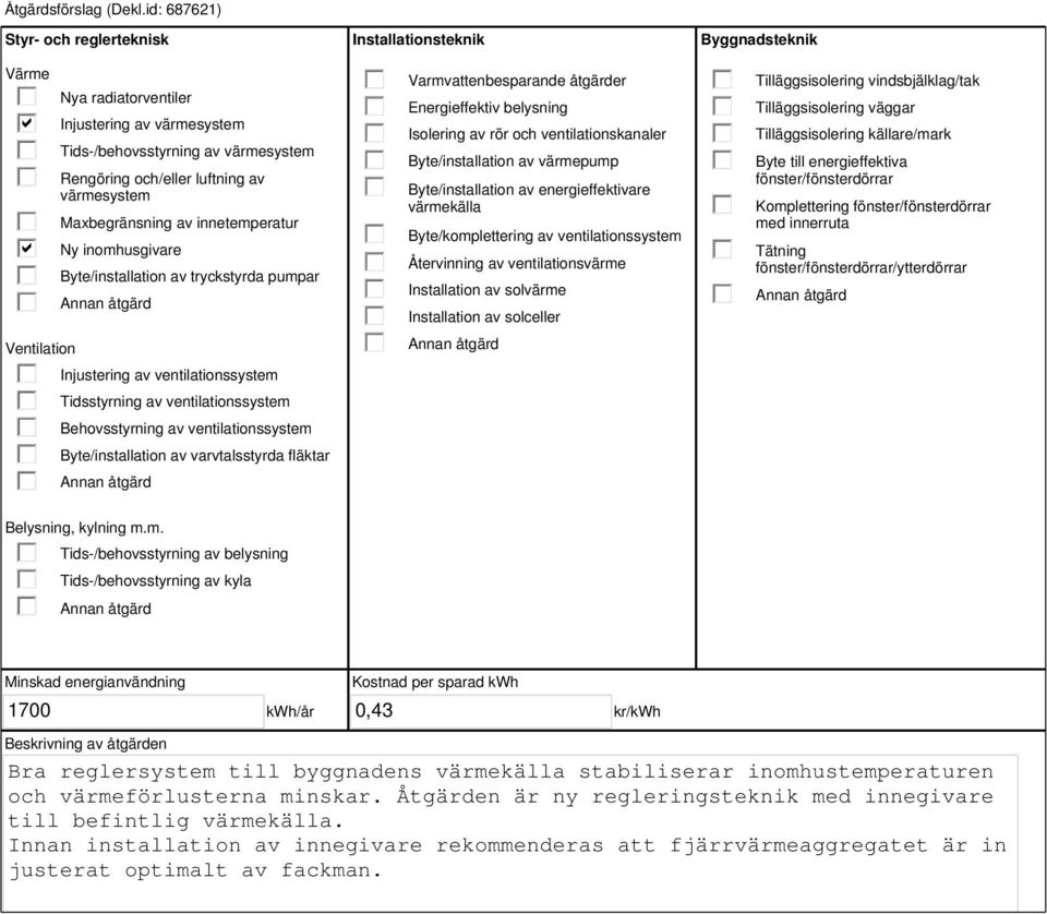 innetemperatur Ny inomhusgivare Byte/installation av tryckstyrda pumpar Injustering av ventilationssystem Tidsstyrning av ventilationssystem Behovsstyrning av ventilationssystem Byte/installation av