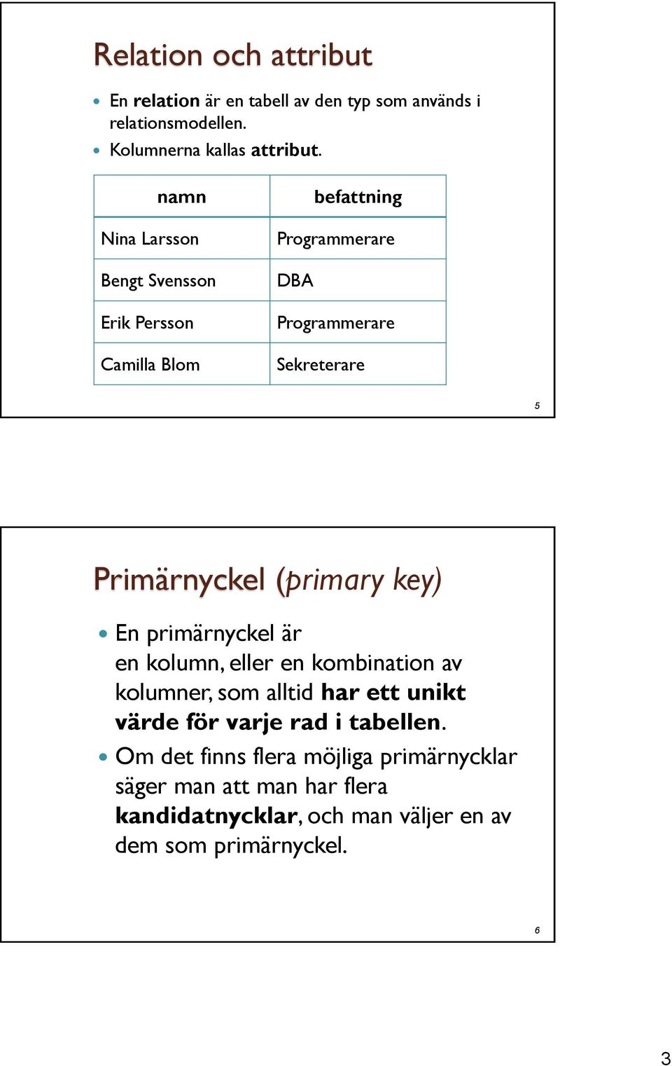 (primary key) En primärnyckel är en kolumn, eller en kombination av kolumner, som alltid har ett unikt värde för varje rad i