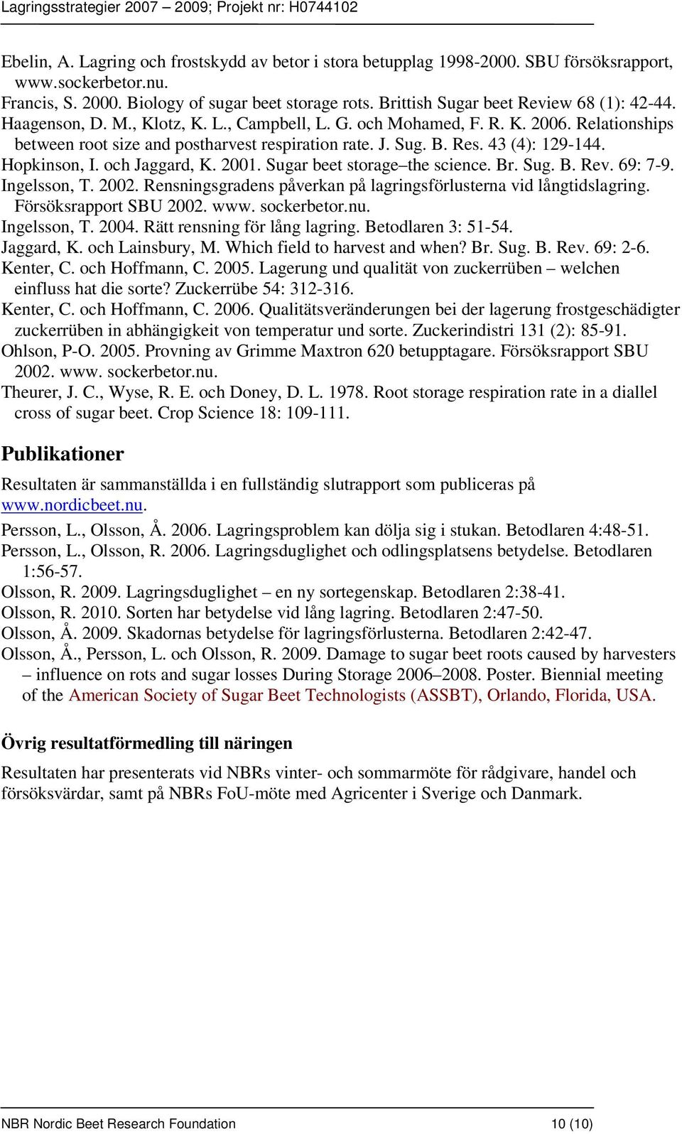 43 (4): 129-144. Hopkinson, I. och Jaggard, K. 2001. Sugar beet storage the science. Br. Sug. B. Rev. 69: 7-9. Ingelsson, T. 2002. Rensningsgradens påverkan på lagringsförlusterna vid långtidslagring.