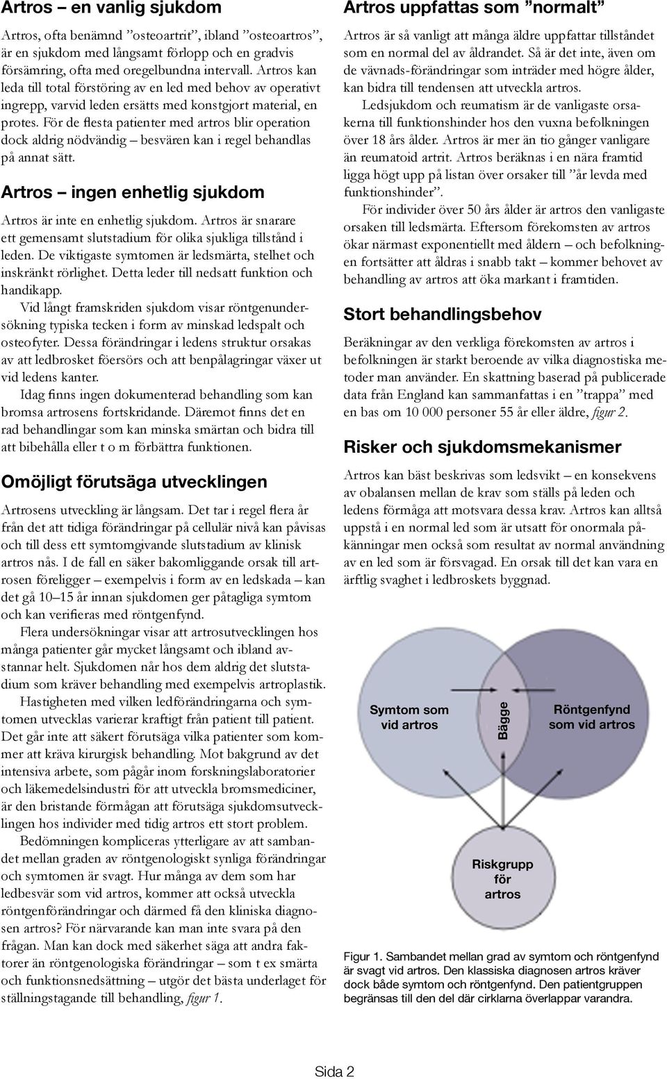 För de flesta patienter med artros blir operation dock aldrig nödvändig besvären kan i regel behandlas på annat sätt. Artros ingen enhetlig sjukdom Artros är inte en enhetlig sjukdom.