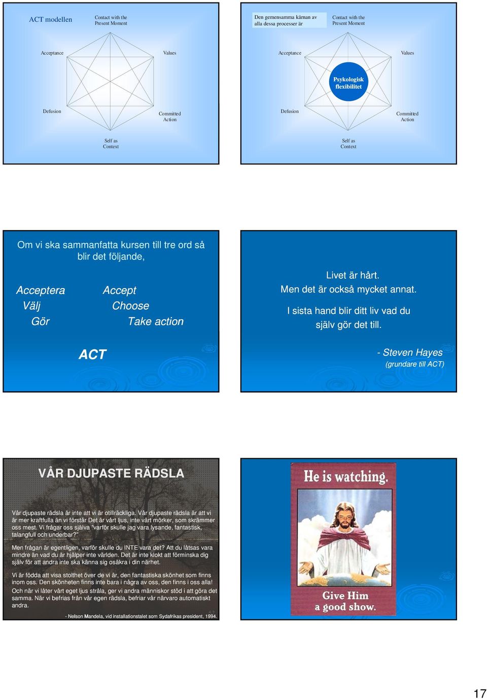 är hårt. Men det är också mycket annat. I sista hand blir ditt liv vad du själv gör det till. - Steven Hayes (grundare till ) VÅR DJUPASTE RÄDSLA Vår djupaste rädsla är inte att vi är otillräckliga.