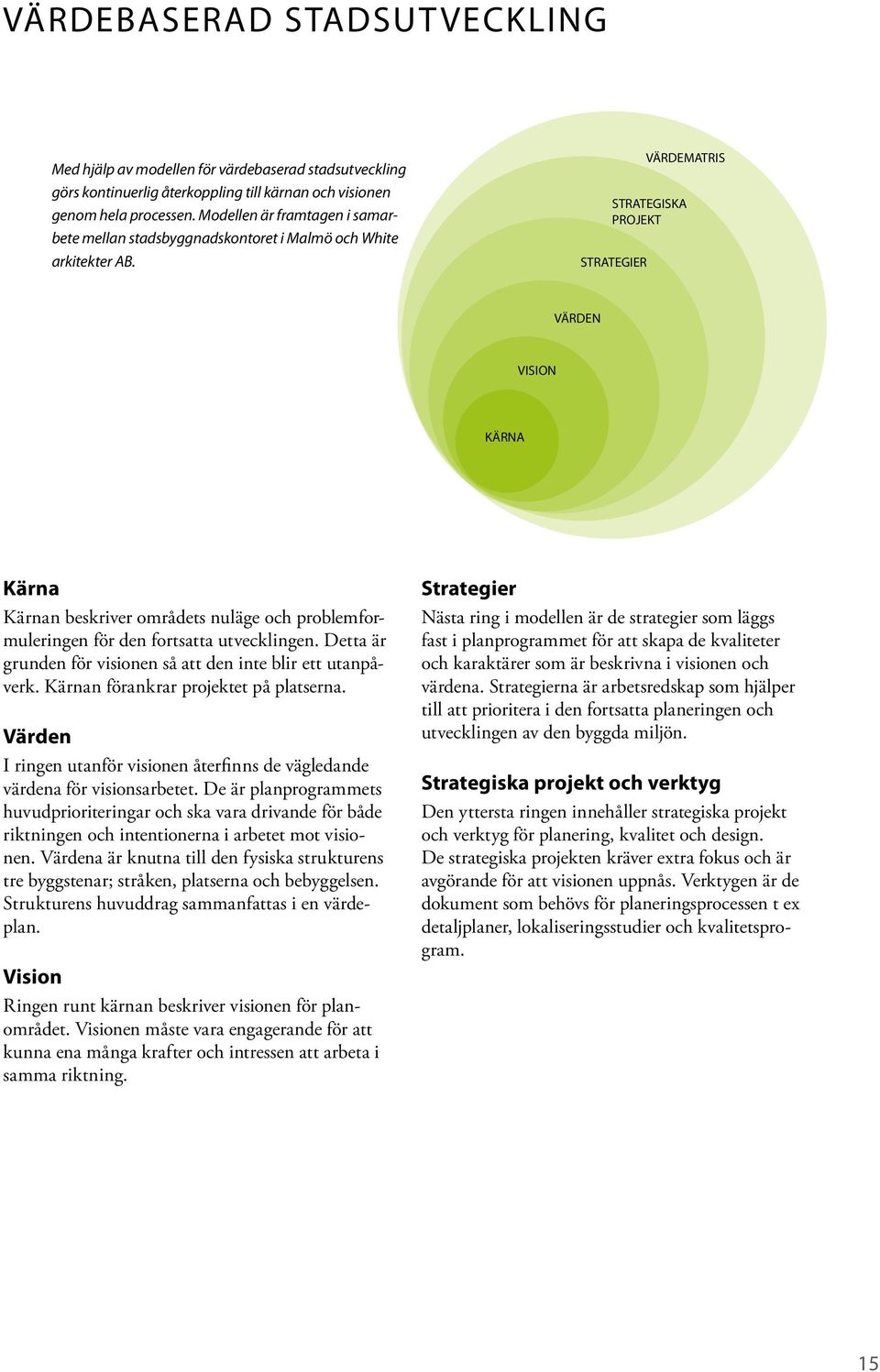 STRATEGIER VÄRDEMATRIS STRATEGISKA PROJEKT VÄRDEN VISION KÄRNA Kärna Kärnan beskriver områdets nuläge och problemformuleringen för den fortsatta utvecklingen.