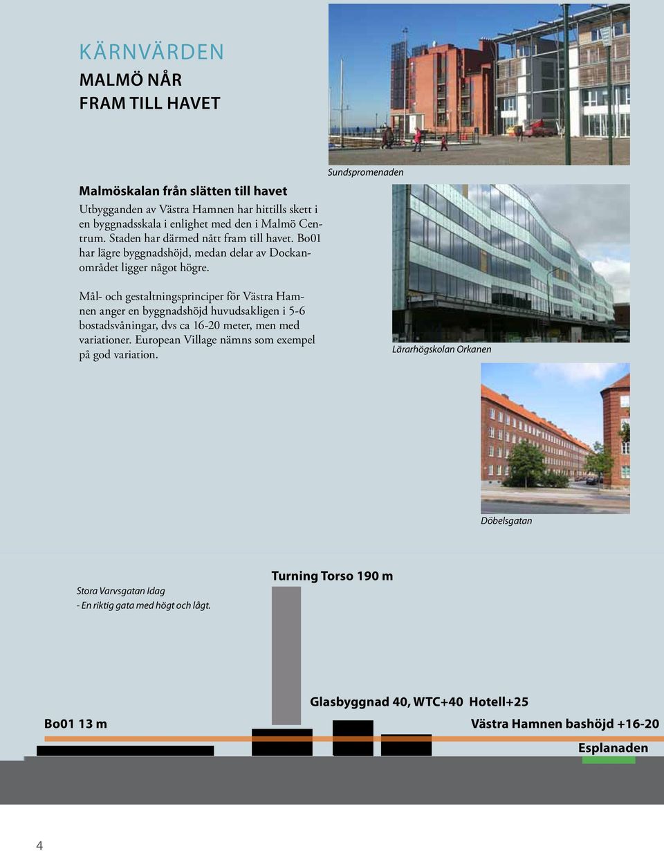 Sundspromenaden Mål- och gestaltningsprinciper för Västra Hamnen anger en byggnadshöjd huvudsakligen i 5-6 bostadsvåningar, dvs ca 16-20 meter, men med variationer.