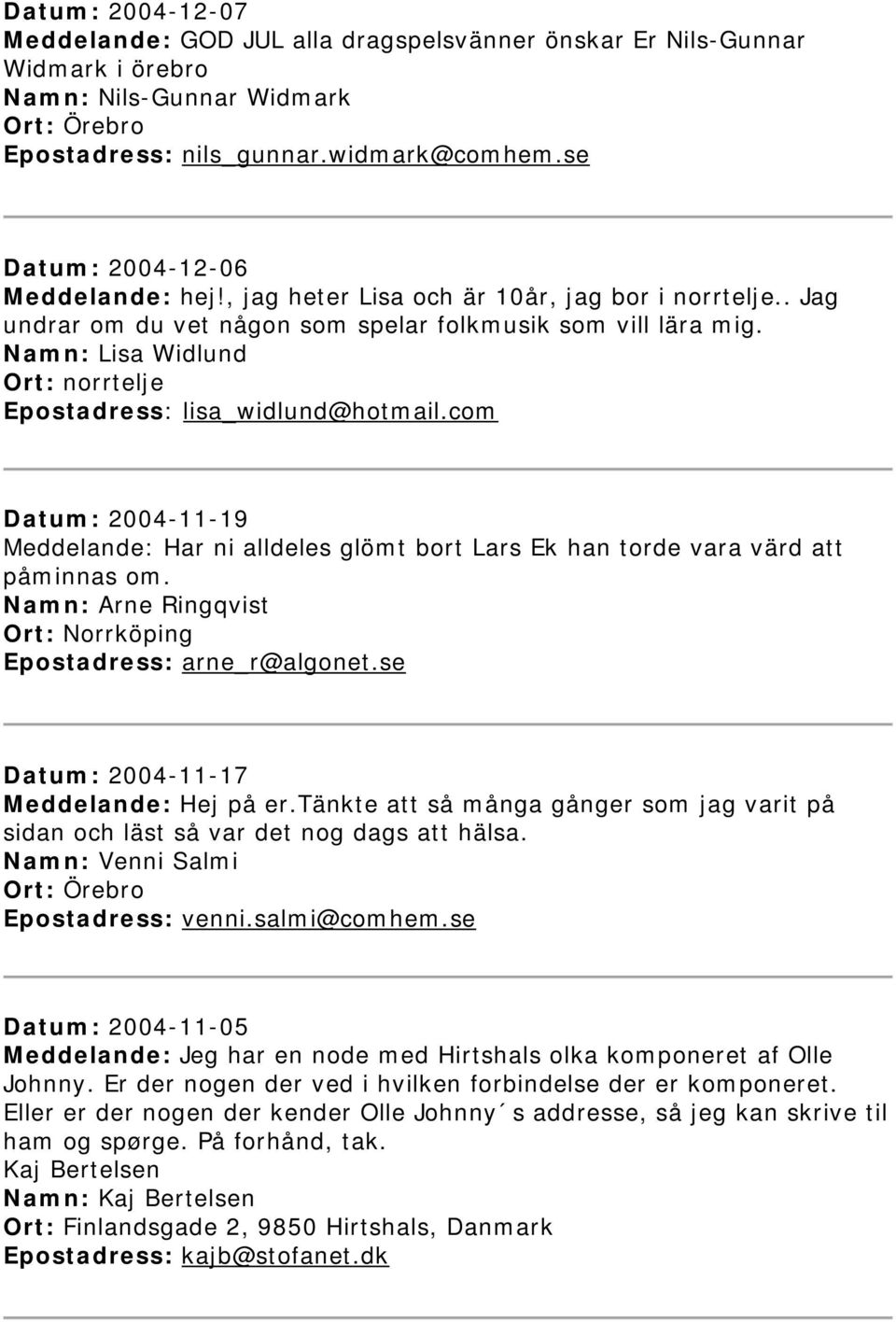 Namn: Lisa Widlund Ort: norrtelje Epostadress: lisa_widlund@hotmail.com Datum: 2004-11-19 Meddelande: Har ni alldeles glömt bort Lars Ek han torde vara värd att påminnas om.