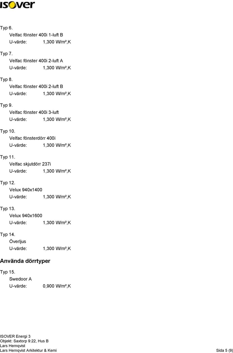 Velfac fönsterdörr 400i Typ 11. Velfac skjutdörr 237i Typ 12. Velux 940x1400 Typ 13.