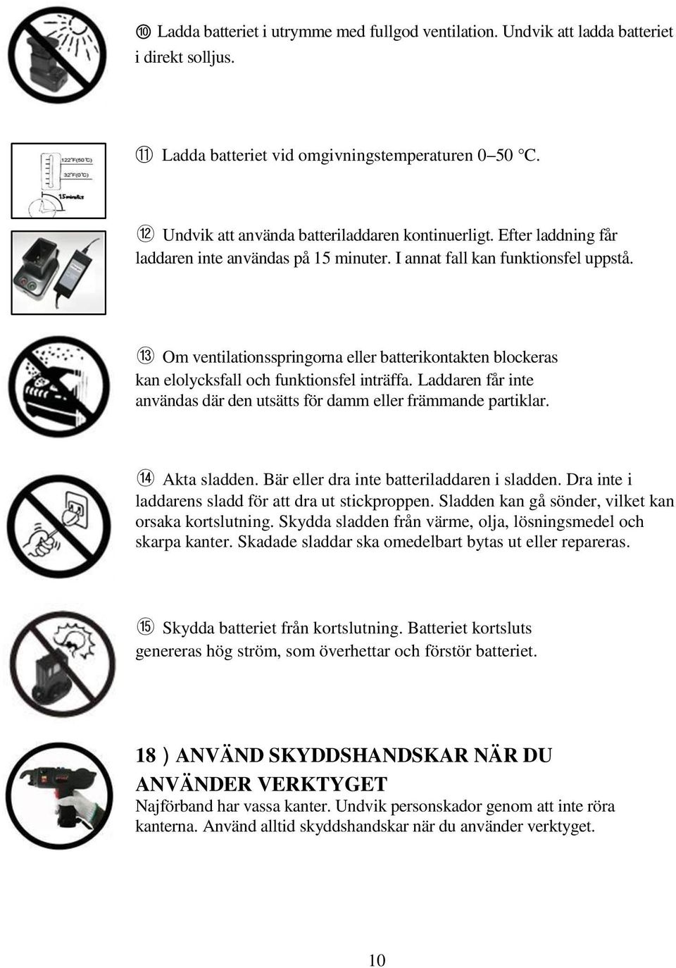 13 Om ventilationsspringorna eller batterikontakten blockeras kan elolycksfall och funktionsfel inträffa. Laddaren får inte användas där den utsätts för damm eller främmande partiklar.