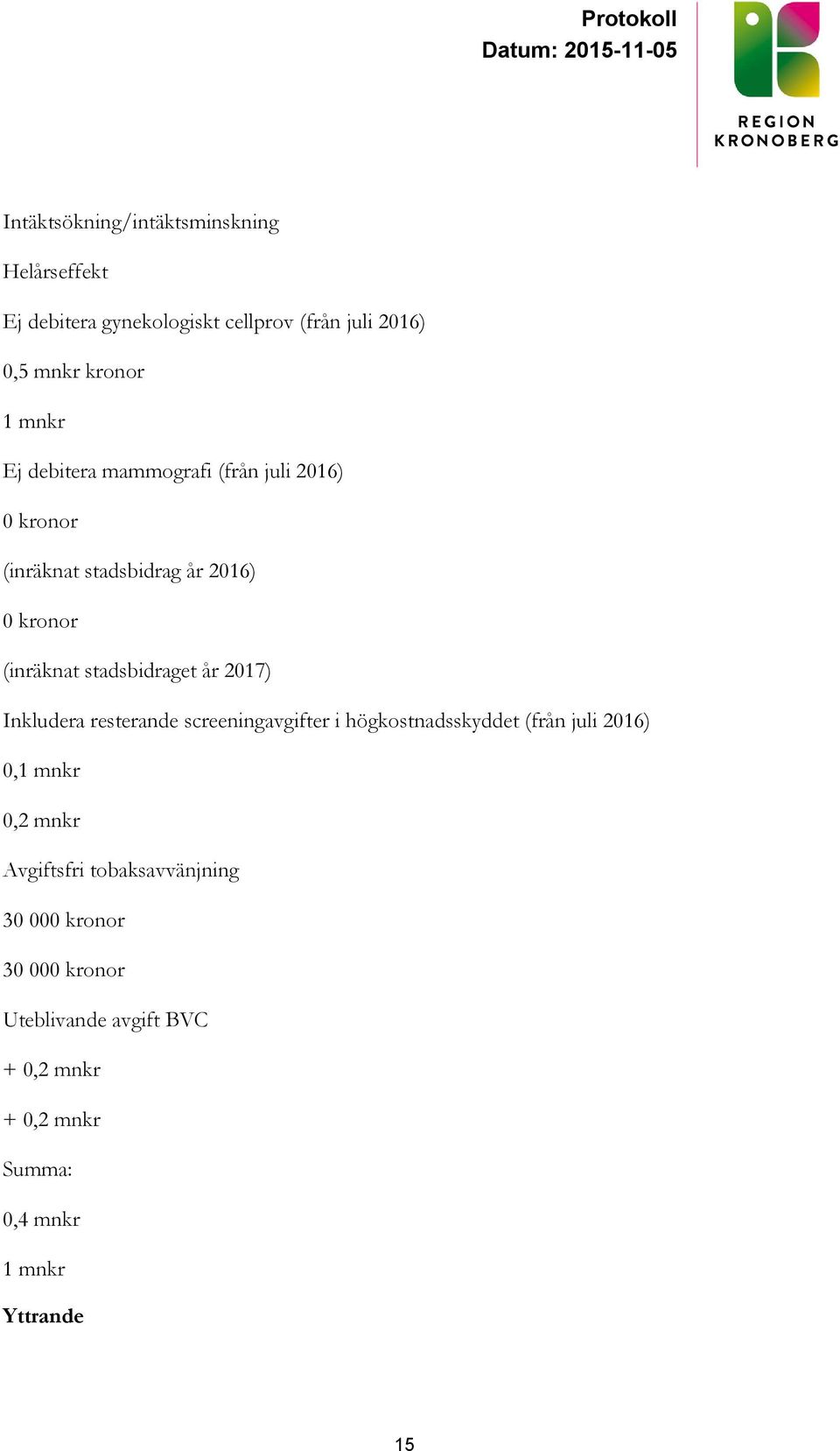 år 2017) Inkludera resterande screeningavgifter i högkostnadsskyddet (från juli 2016) 0,1 mnkr 0,2 mnkr Avgiftsfri