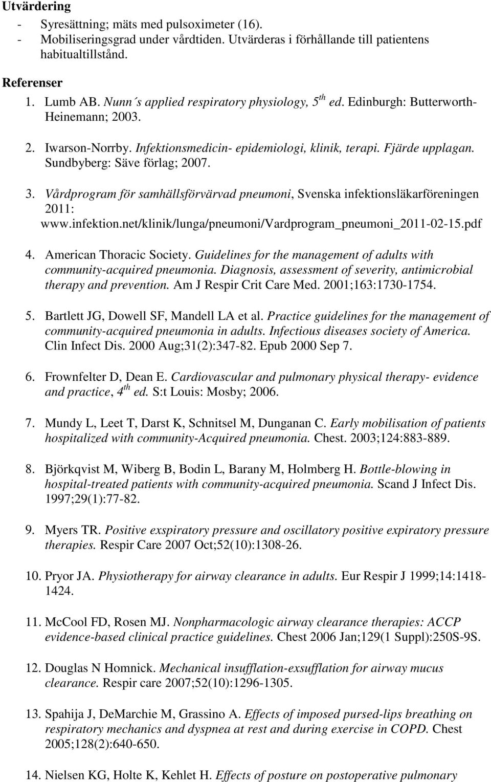 Sundbyberg: Säve förlag; 2007. 3. Vårdprogram för samhällsförvärvad pneumoni, Svenska infektionsläkarföreningen 2011: www.infektion.net/klinik/lunga/pneumoni/vardprogram_pneumoni_2011-02-15.pdf 4.