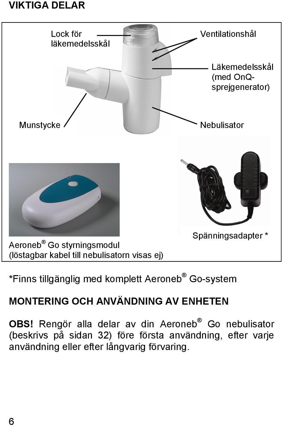 tillgänglig med komplett Aeroneb Go-system MONTERING OCH ANVÄNDNING AV ENHETEN OBS!