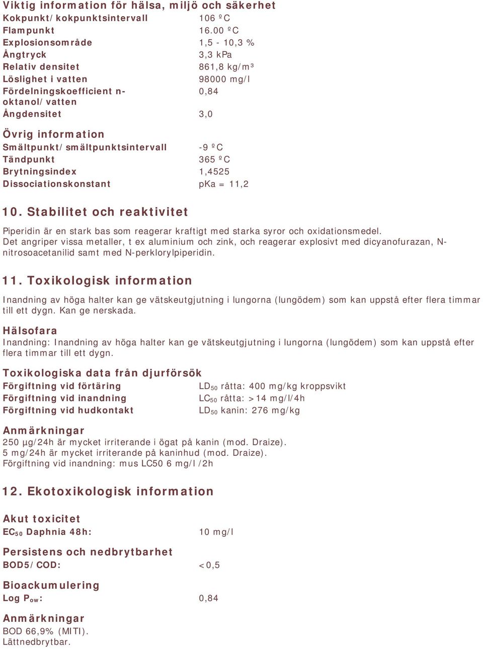 Smältpunkt/smältpunktsintervall -9 ºC Tändpunkt 365 ºC Brytningsindex 1,4525 Dissociationskonstant pka = 11,2 10.