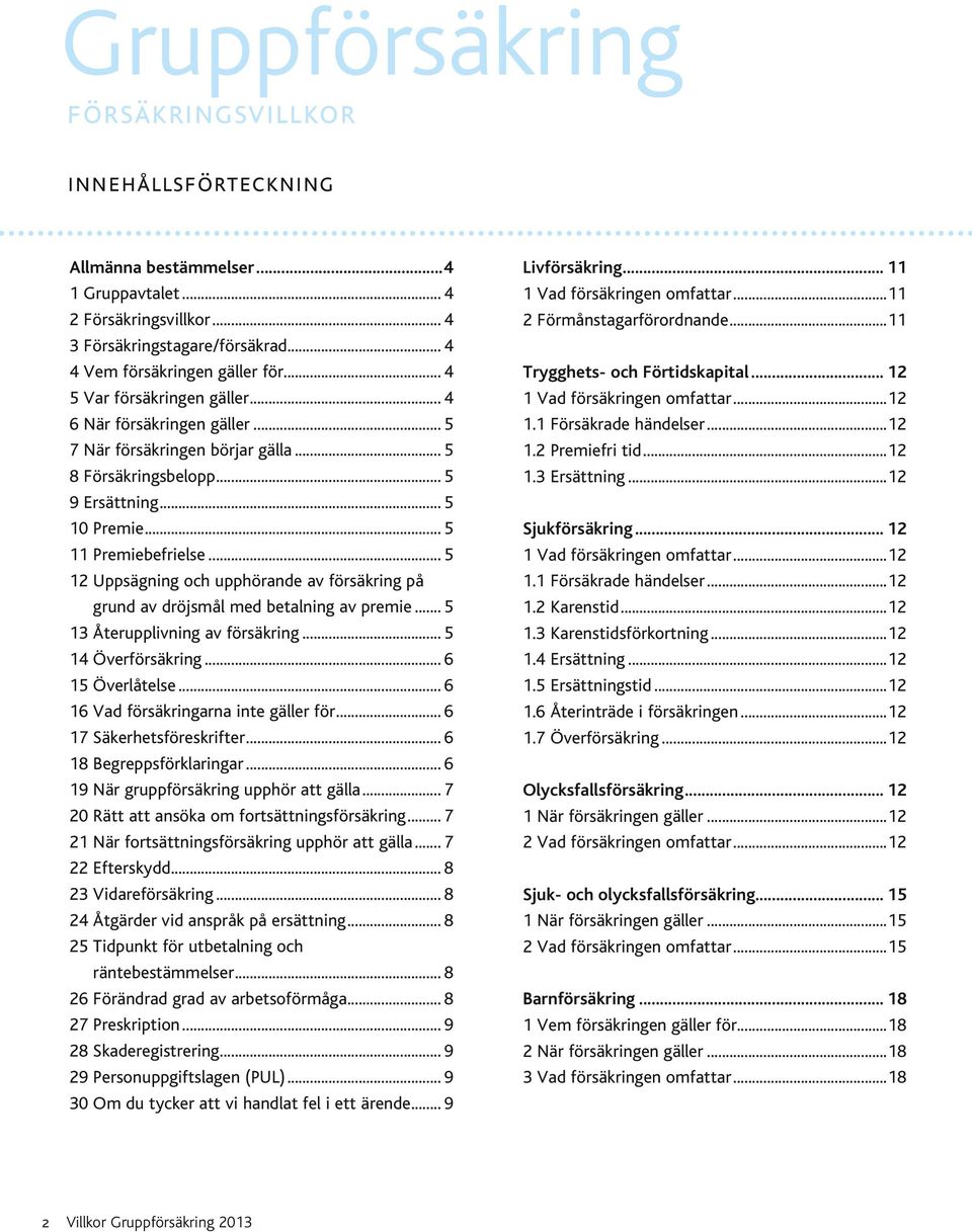 på grund av dröjsmål med betalning av premie 5 13 Återupplivning av försäkring 5 14 Överförsäkring 6 15 Överlåtelse 6 16 Vad försäkringarna inte gäller för 6 17 Säkerhetsföreskrifter 6 18