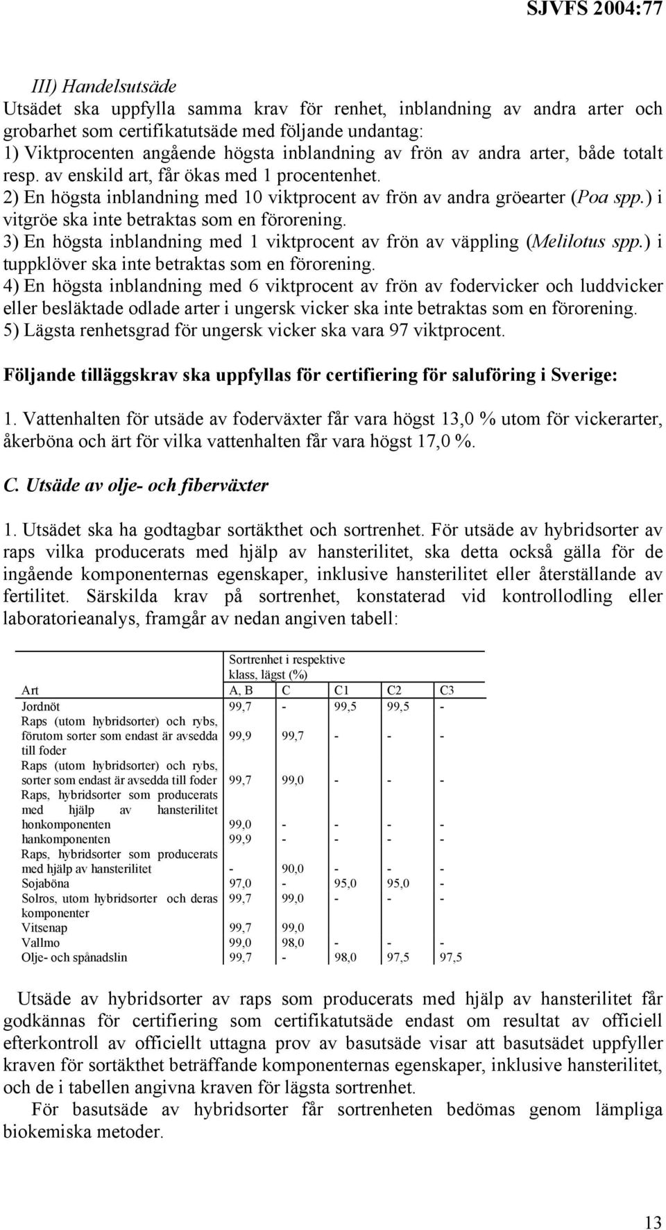 ) i vitgröe ska inte betraktas som en förorening. 3) En högsta inblandning med 1 viktprocent av frön av väppling (Melilotus spp.) i tuppklöver ska inte betraktas som en förorening.