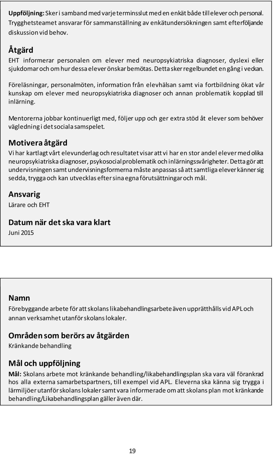 Åtgärd EHT informerar personalen om elever med neuropsykiatriska diagnoser, dyslexi eller sjukdomar och om hur dessa elever önskar bemötas. Detta sker regelbundet en gång i veckan.