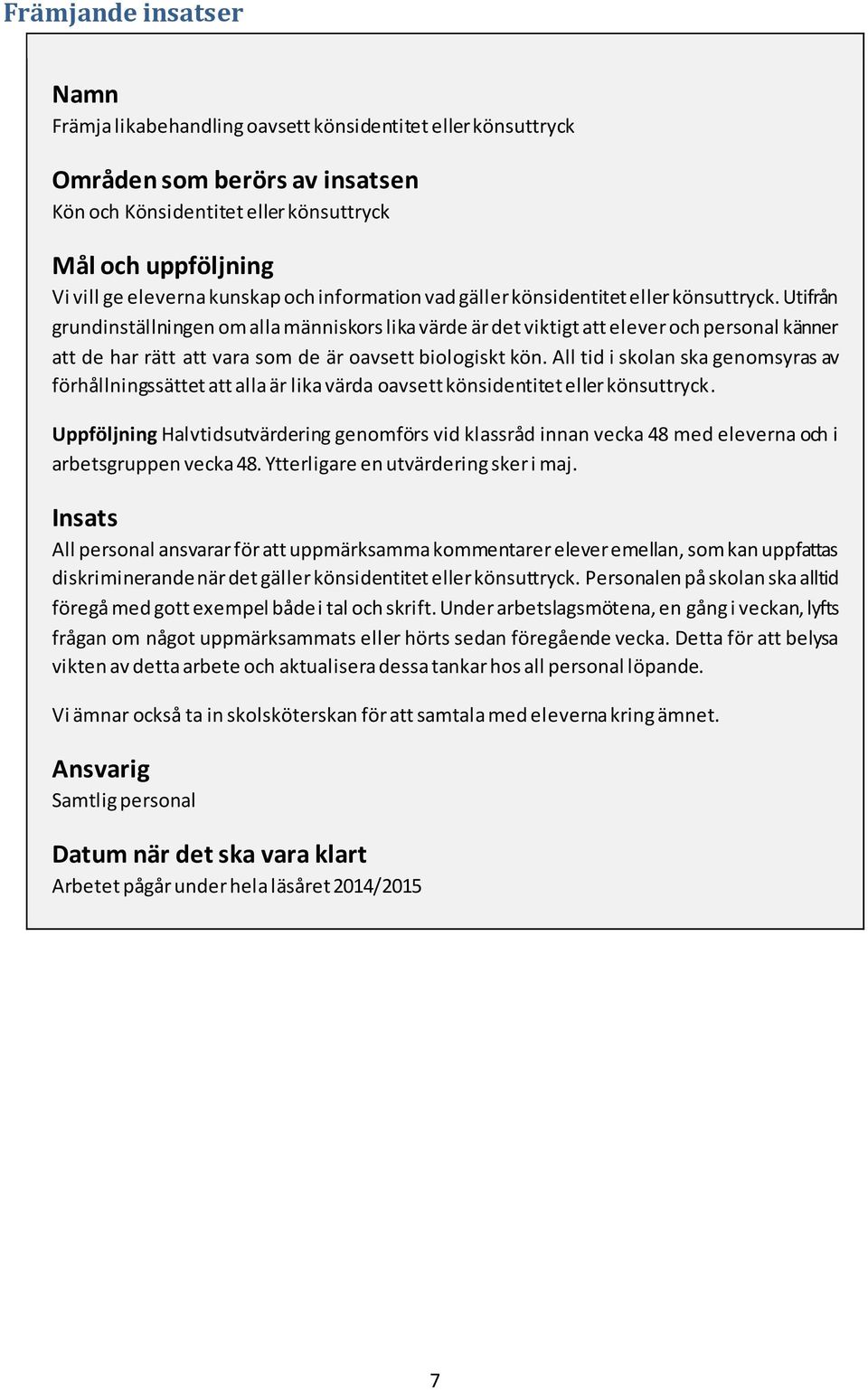 Utifrån grundinställningen om alla människors lika värde är det viktigt att elever och personal känner att de har rätt att vara som de är oavsett biologiskt kön.