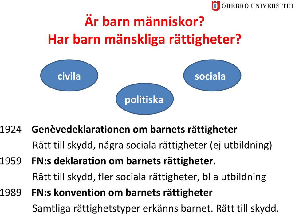 sociala rättigheter (ej utbildning) 1959 FN:s deklaration om barnets rättigheter.