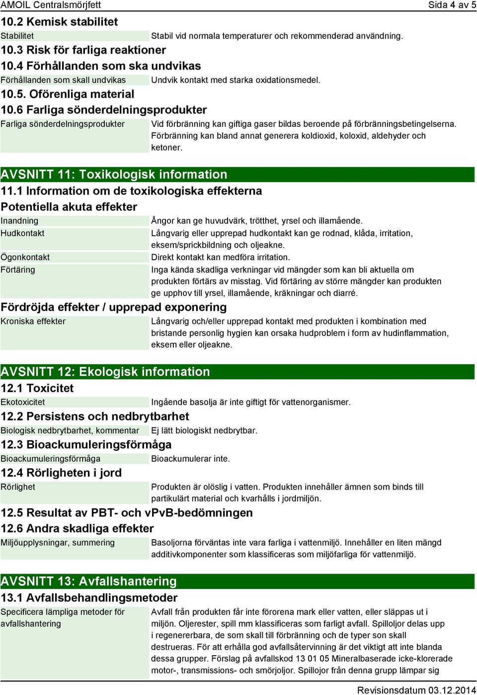 6 Farliga sönderdelningsprodukter Farliga sönderdelningsprodukter AVSNITT 11: Toxikologisk information 11.