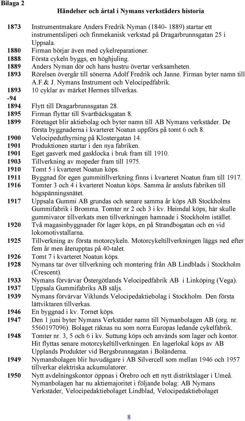 1893 Rörelsen övergår till sönerna Adolf Fredrik och Janne. Firman byter namn till A.F.& J. Nymans Instrument och Velocipedfabrik. 1893 10 cyklar av märket Hermes tillverkas.