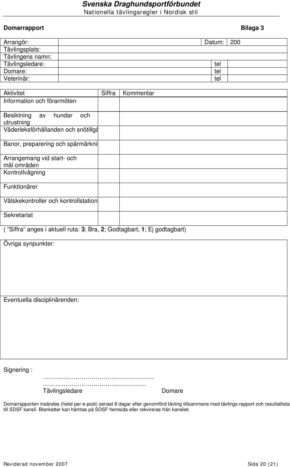 Kontrollvägning Funktionärer Vätskekontroller och kontrollstatione Sekretariat ( Siffra anges i aktuell ruta: 3; Bra, 2; Godtagbart, 1; Ej godtagbart) Övriga synpunkter: Eventuella disciplinärenden: