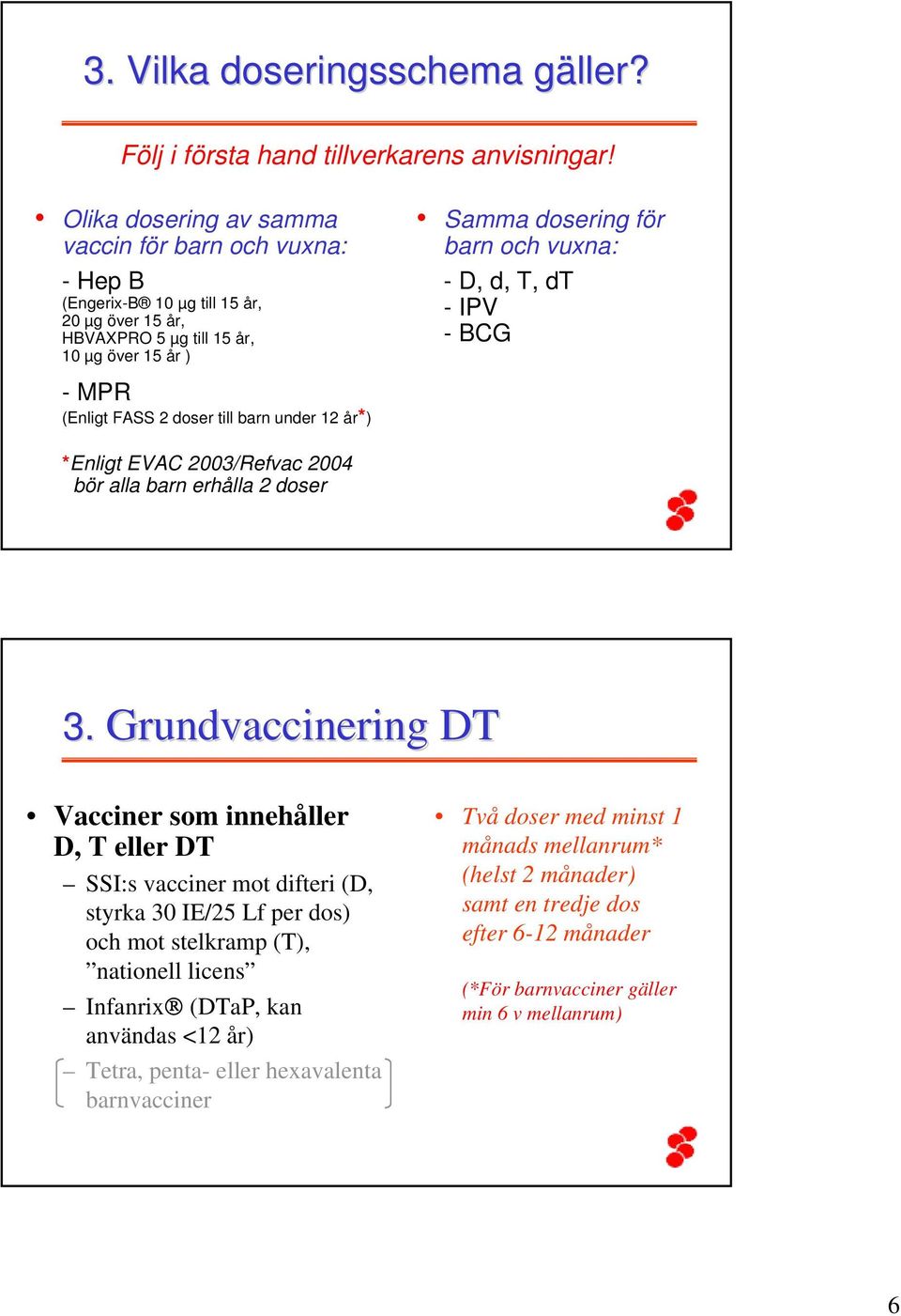 dt -IPV -BCG -MPR (Enligt FASS 2 doser till barn under 12 år*) *Enligt EVAC 2003/Refvac 2004 bör alla barn erhålla 2 doser 3.