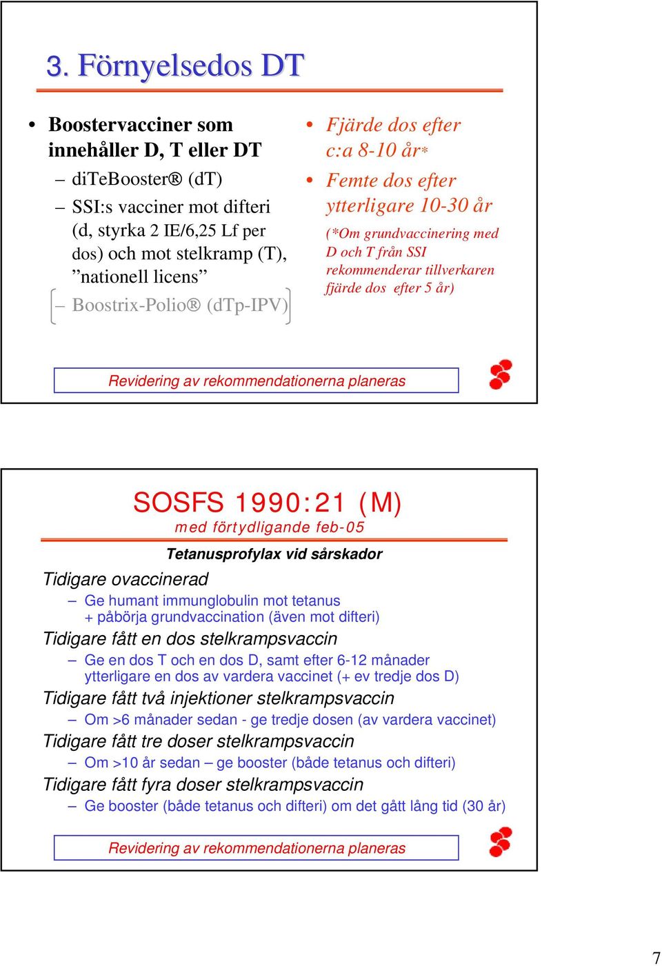 rekommendationerna planeras SOSFS 1990:21 (M) med förtydligande feb-05 Tetanusprofylax vid sårskador Tidigare ovaccinerad Ge humant immunglobulin mot tetanus + påbörja grundvaccination (även mot