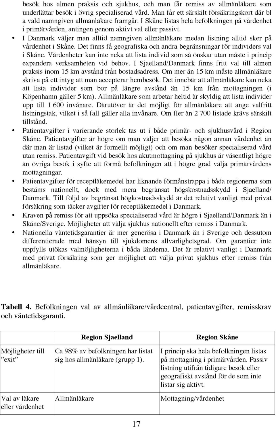 I Danmark väljer man alltid namngiven allmänläkare medan listning alltid sker på vårdenhet i Skåne. Det finns få geografiska och andra begränsningar för individers val i Skåne.