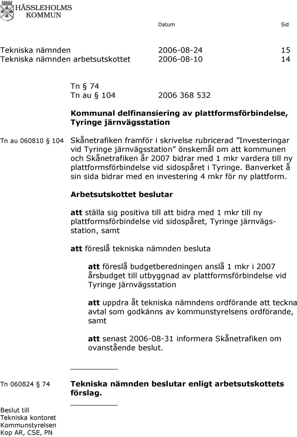 sidospåret i Tyringe. Banverket å sin sida bidrar med en investering 4 mkr för ny plattform.