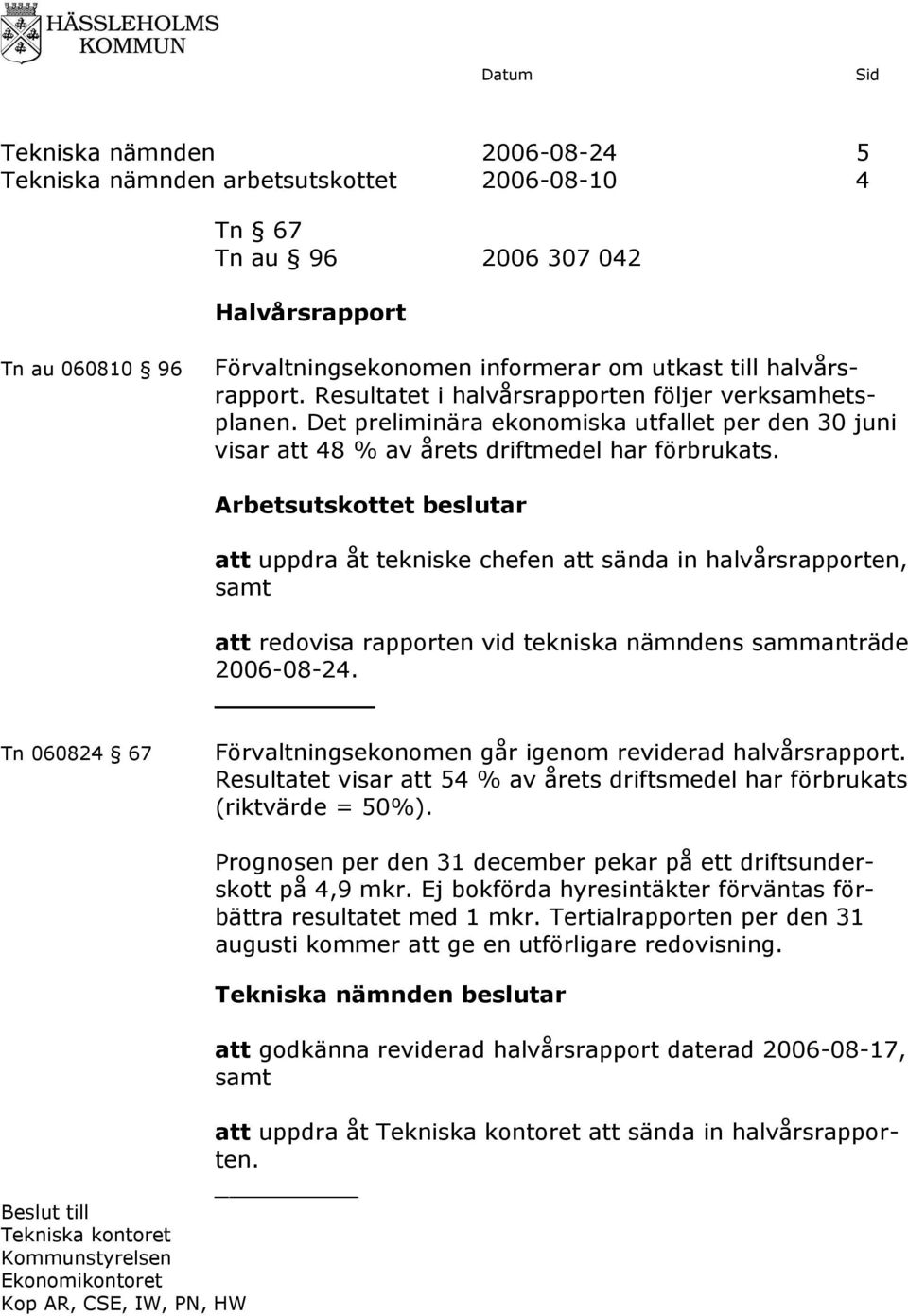 Arbetsutskottet beslutar att uppdra åt tekniske chefen att sända in halvårsrapporten, samt att redovisa rapporten vid tekniska nämndens sammanträde 2006-08-24.