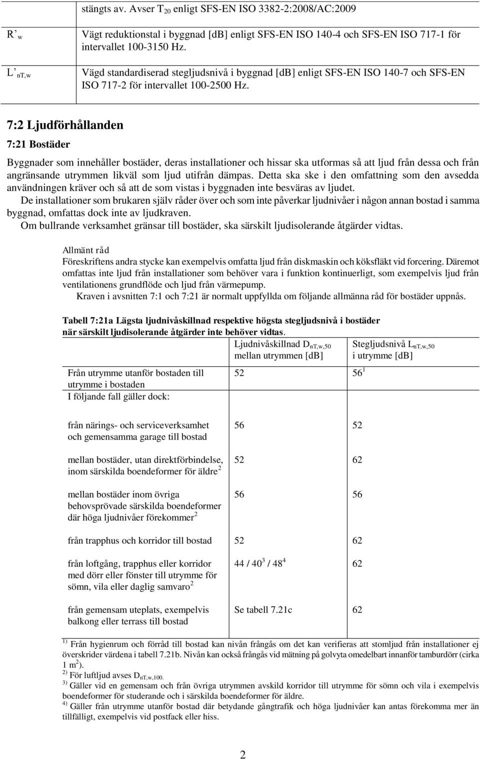 7:2 Ljudförhållanden 7:21 Bostäder Byggnader som innehåller bostäder, deras installationer och hissar ska utformas så att ljud från dessa och från angränsande utrymmen likväl som ljud utifrån dämpas.