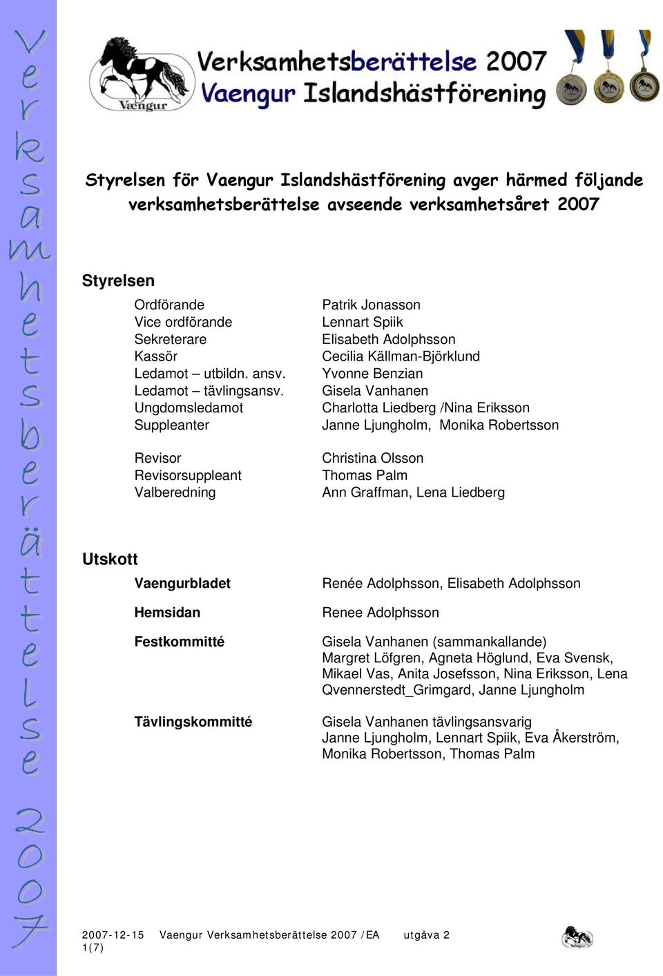 Ungdomsledamot Suppleanter Revisor Revisorsuppleant Valberedning Patrik Jonasson Lennart Spiik Elisabeth Adolphsson Cecilia Källman-Björklund Yvonne Benzian Gisela Vanhanen Charlotta Liedberg /Nina