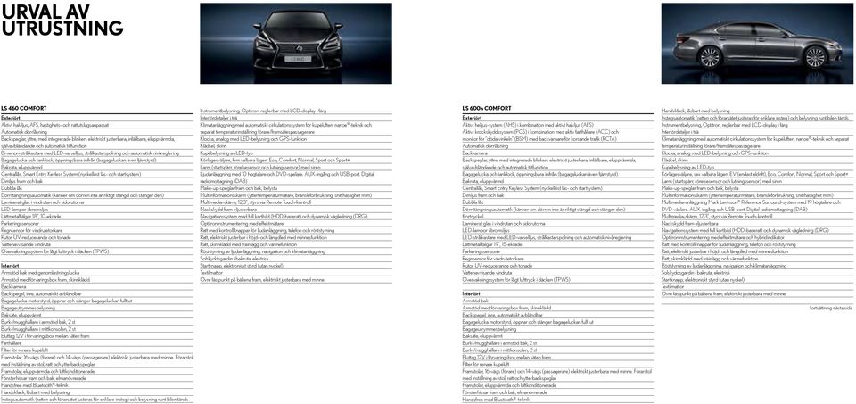inifrån (bagageluckan även fjärrstyrd) Bakruta, eluppvärmd Centrallås, Smart Entry Keyless System (nyckellöst lås- och startsystem) Dimljus fram och bak Dubbla lås Dörrstängningsautomatik (känner om