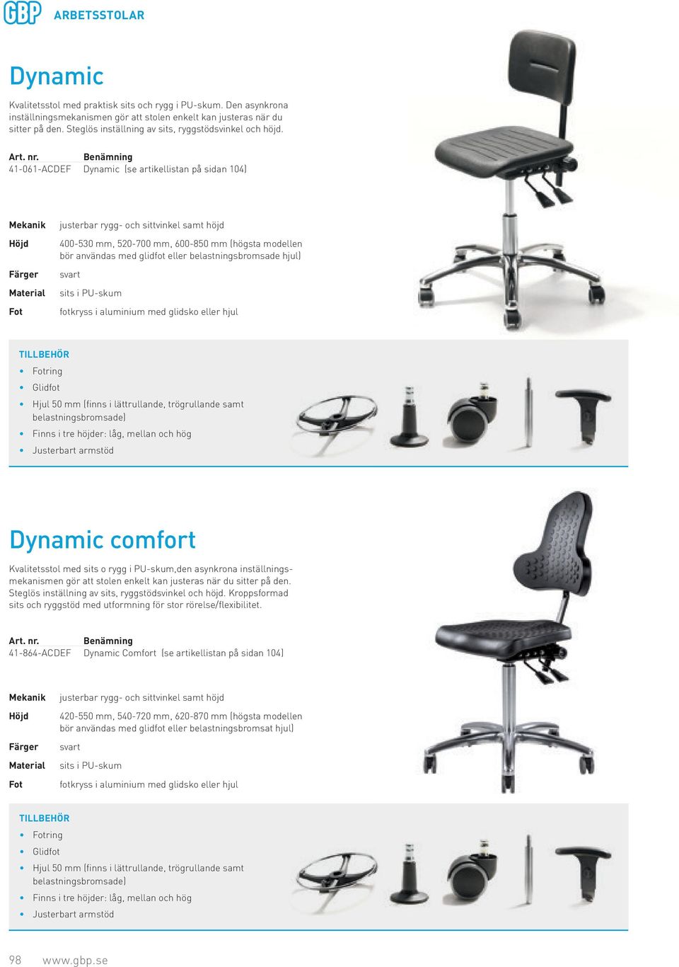 41-061-F Dynamic (se artikellistan på sidan 104) 400-530 mm, 520-700 mm, 600-850 mm (högsta modellen ring Justerbart armstöd Dynamic comfort Kvalitetsstol med sits o rygg i PU-skum,den asynkrona