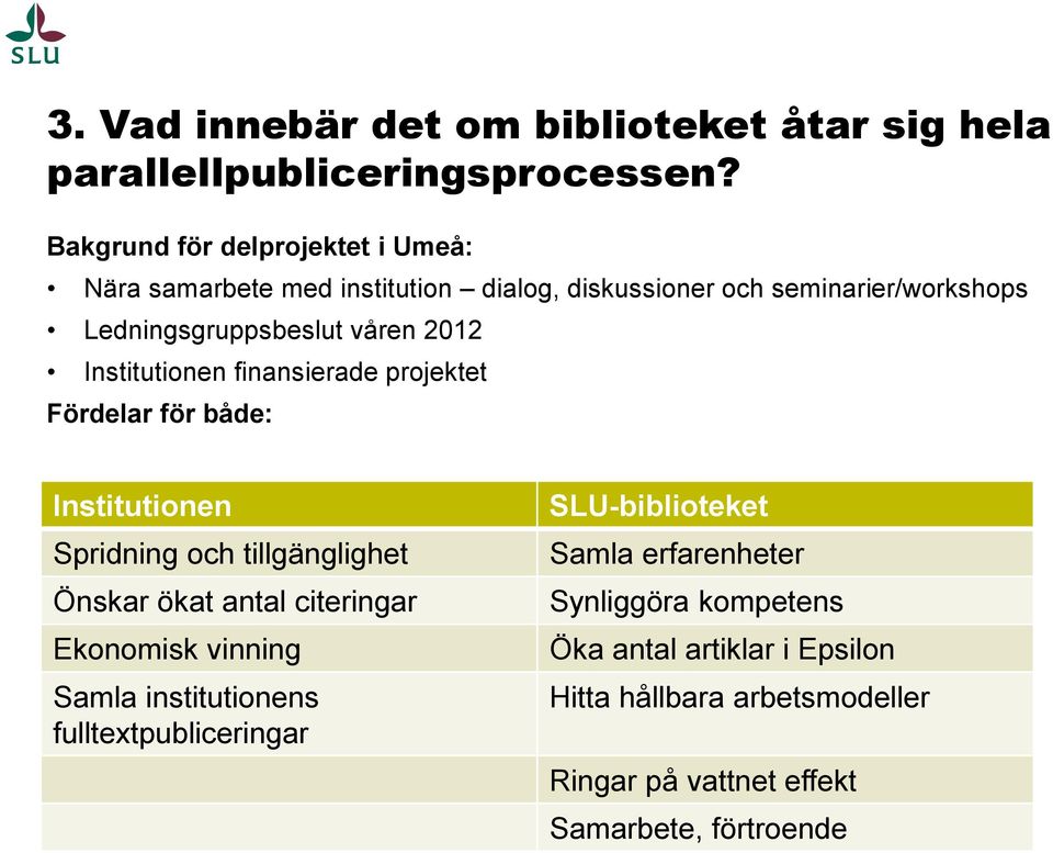 Institutionen finansierade projektet Fördelar för både: Institutionen Spridning och tillgänglighet Önskar ökat antal citeringar Ekonomisk