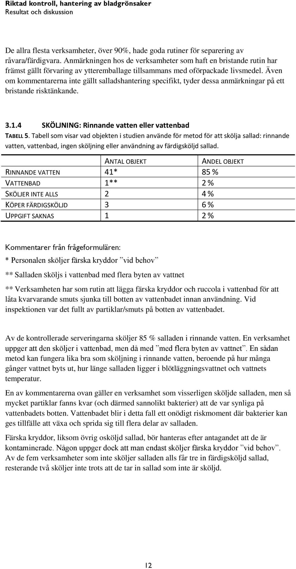 Även om kommentarerna inte gällt salladshantering specifikt, tyder dessa anmärkningar på ett bristande risktänkande. 3.1.4 SKÖLJNING: Rinnande vatten eller vattenbad TABELL 5.