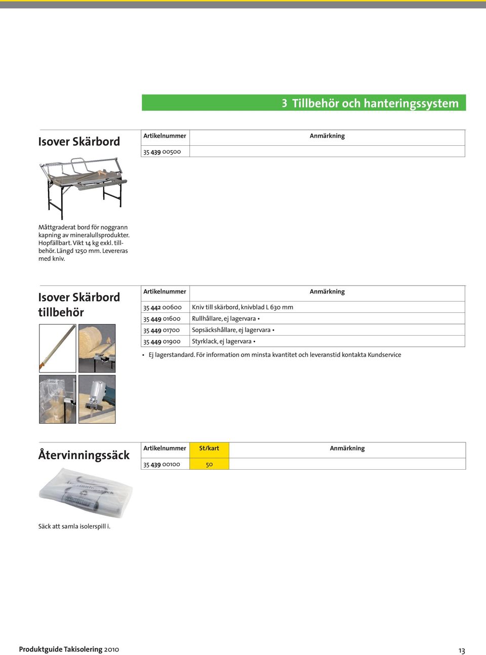 Isover Skärbord tillbehör Artikelnummer 35 442 00600 Kniv till skärbord, knivblad L 630 mm 35 449 01600 Rullhållare, ej lagervara 35 449 01700 Sopsäckshållare,