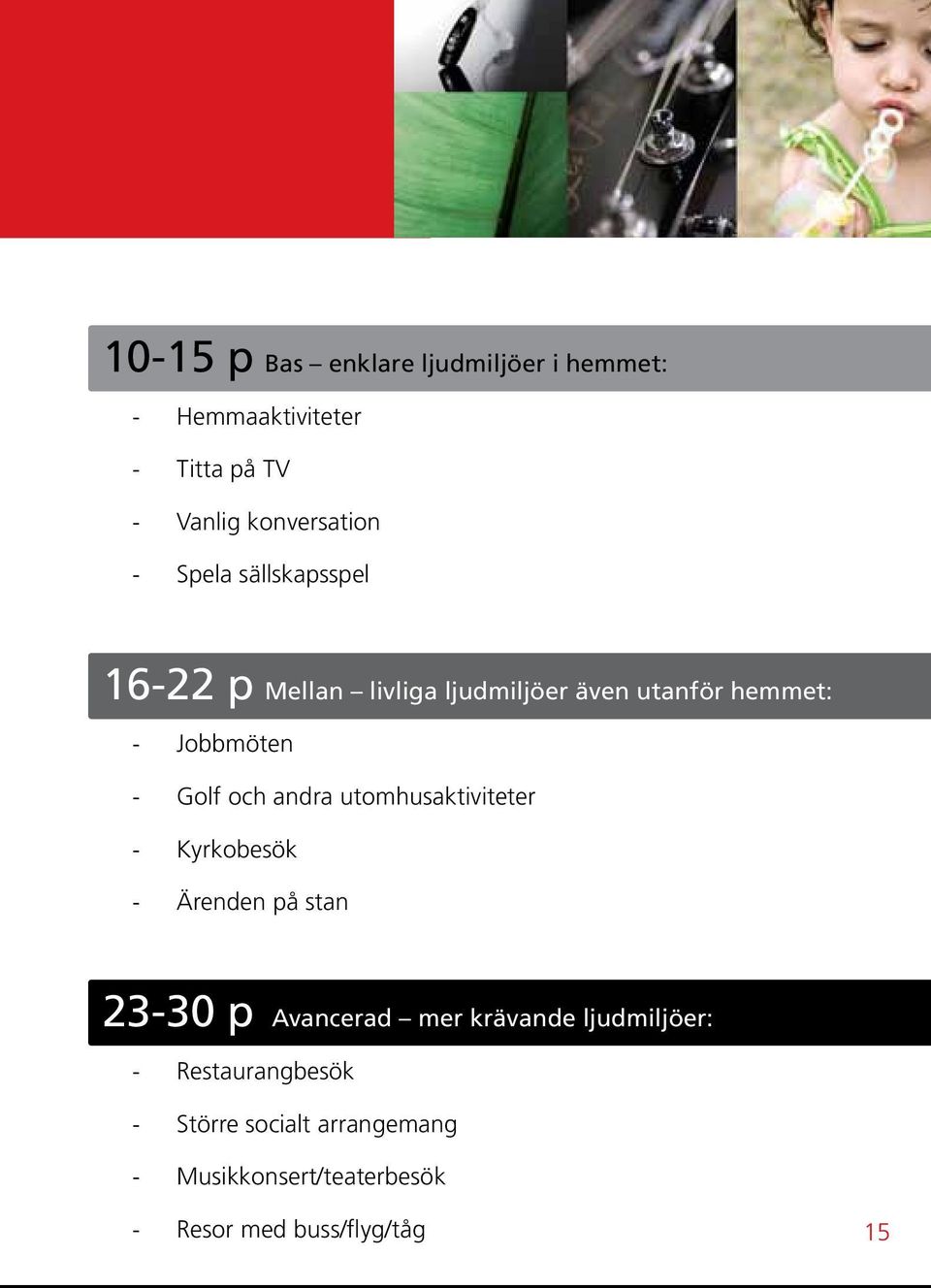 andra utomhusaktiviteter - Kyrkobesök - Ärenden på stan 23-30 p Avancerad mer krävande ljudmiljöer: