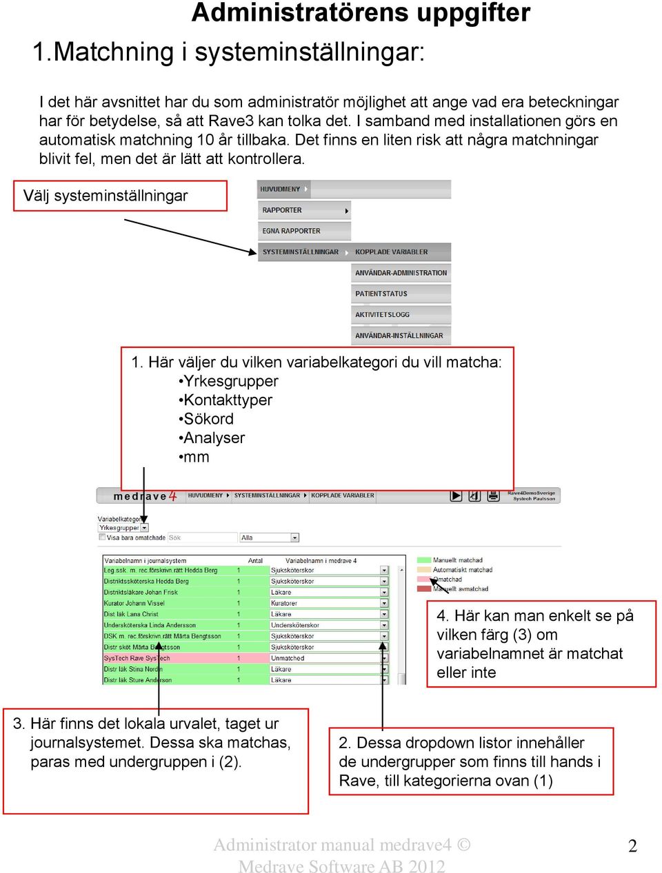 Här väljer du vilken variabelkategori du vill matcha: Yrkesgrupper Kontakttyper Sökord Analyser mm 4. Här kan man enkelt se på vilken färg (3) om variabelnamnet är matchat eller inte 3.